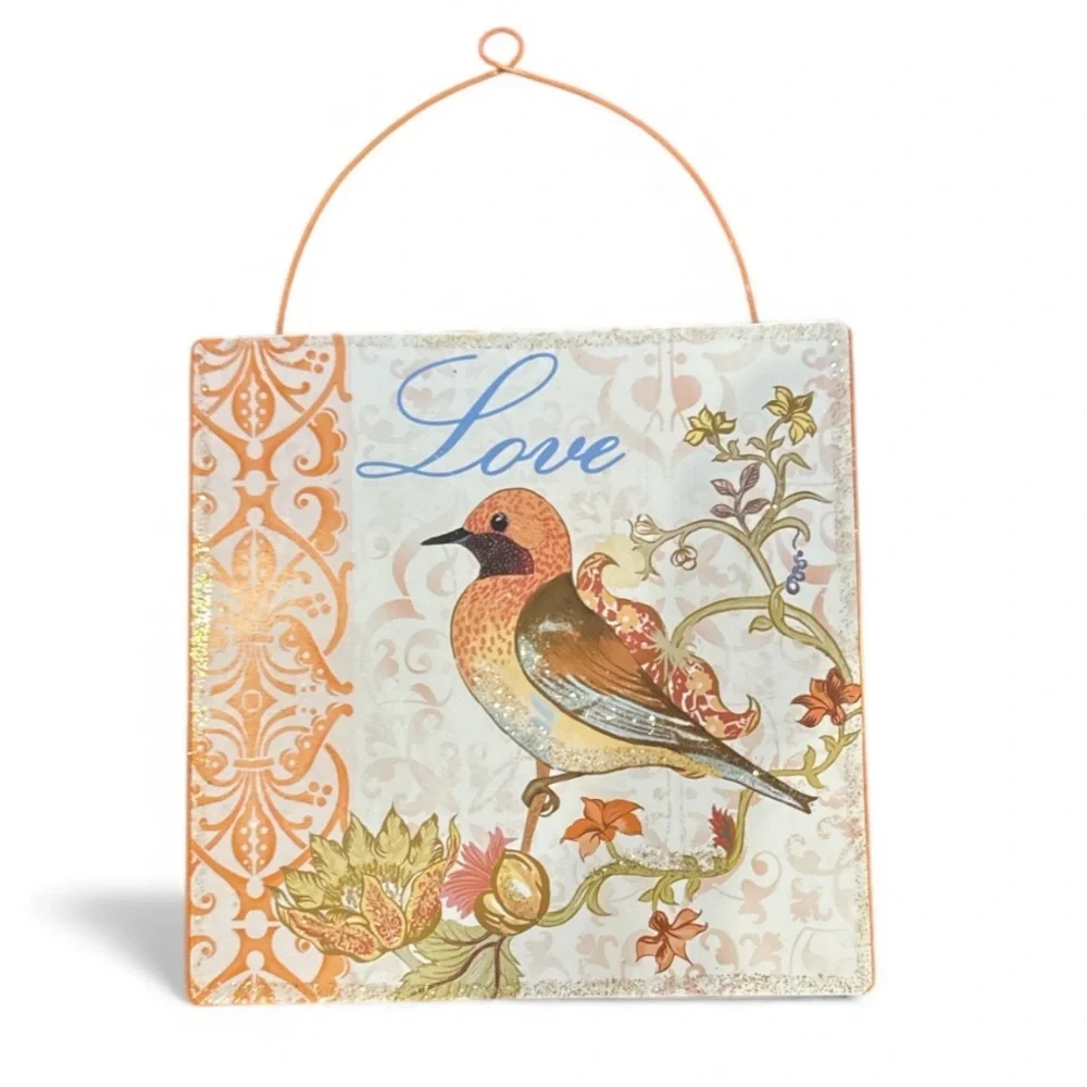 Ashland Decorative Orange Multi Square Tin Love & Bird Themed Wall Hanging NWT